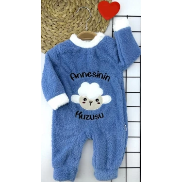 3-6-9-12 Ay Kuzu Tüylü Kumaş Annesinin Kuzusu Nakışlı Alttan Çıtçıtlı Kız Erkek Bebek Tulumu Mavi