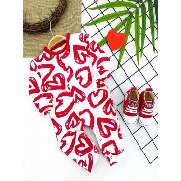 3-6-9-12 Ay Pastal Kalp Baskılı Uzun Kollu Kız Erkek Bebek Tulumu Kırmızı