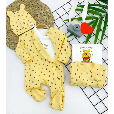 3-6-9-12 Ay Pooh Desenli Şapkalı Sweatli 3lü Kız Erkek Bebek Tulum Sarı