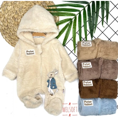 3-6-9-12 Ay Rabbit Tavşan Nakışlı Fermuar Kapamalı Patikli Tüylü Erkek Bebek Tulumu Kahverengi