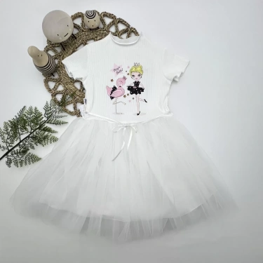 5-6-7 Yaş Flamingo Balerin Kız Baskılı Kurdela Kuşaklı Astarlı Kız Çocuk Tütü Elbise Beyaz