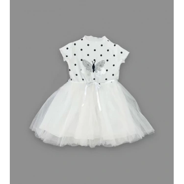 5-6-7 Yaş Payetli Kelebek Desenli Puantiyeli Kız Çocuk Elbisesi Beyaz