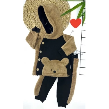 6-12-18-24 Ay Düğme Kapamalı Kapşonlu Ceket Welsoft Detaylı 2li Erkek Bebek Takımı Siyah