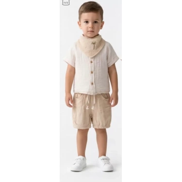6/24 Ay Fularlı Müslin Kumaş 3lü Bebek Takımı