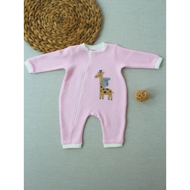 6-9 12-18 18-24 24-36 Ay Animal Nakışlı Bal Peteği Kumaş Es Fermuarlı Kız Bebek Tulumu Pembe