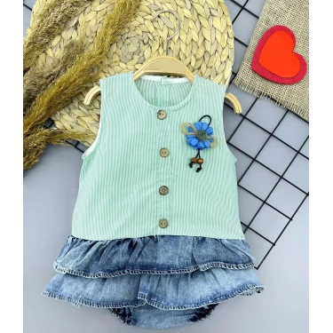 6-9-12-18 Ay Gül Rozet Detaylı Kot Kilotlu Etek Kız Bebek Elbisesi Yeşil