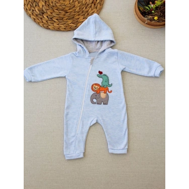 6-9 9-12 Ay Ef Çizgi Boy Fermuarlı Hayvanlar Alemi Nakışlı Kapşonlu Kız Erkek Bebek Tulumu Mavi