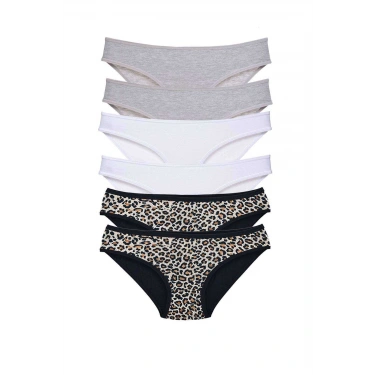 6 Adet Likralı Kadın Slip Külot Leopar Gri Beyaz