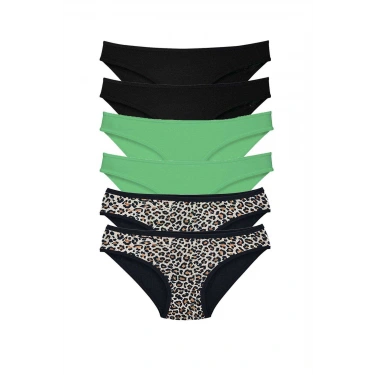 6 Adet Likralı Kadın Slip Külot Leopar Siyah Yeşil