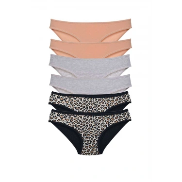 6 Adet Likralı Kadın Slip Külot Leopar Ten Gri