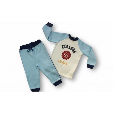 9-12 12-18 18-24 24-36 Ay College Baskılı 3 İplik Kumaş Uzun Kollu Sweatli 2li Erkek Bebek Takımı Mavi