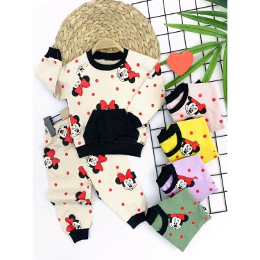 9-12-18-24 Ay Bayan Mickey Baskılı Cepli 2li Kız Bebek Takımı Lila