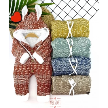 9-12-18-24 Ay Düğme Kapamalı Kulaklı Kapşonlu Motif Desenli Örme Kumaş Kız Erkek Bebek Tulumu Lacivert