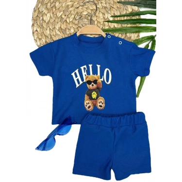 9-12-18-24 Ay Hello Gözlüklü Ayıcık Baskılı Şortlu Kısa Kollu Tişört 2li Erkek Bebek Takımı