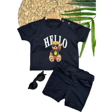 9-12-18-24 Ay Hello Gözlüklü Ayıcık Baskılı Şortlu Kısa Kollu Tişört 2li Erkek Bebek Takımı