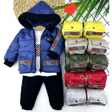 9-12-18-24 Ay Kapşonlu Fermuarlı Mont Pantolon Uzun Kollu Sweatli 3lü Kız Erkek Bebek Takımı Sarı