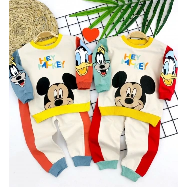 9-12-18-24 Ay Mickey Ve Arkadaşları Desenli Uzun Kollu Sweat 2li Kız Erkek Bebek Takımı Mavi