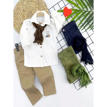 9-12-18-24 Ay Ve 3-4-5 Yaş Fularlı Pamuk Keten Gömlekli Pantolonlu 3lü Erkek Bebek Takımı Bej