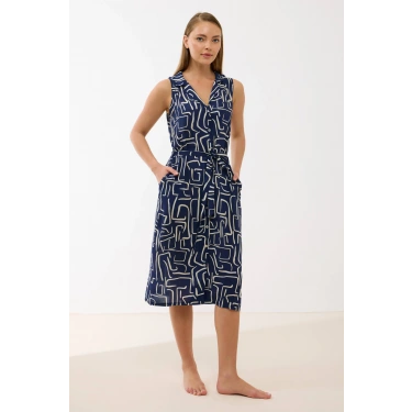 Anıl 11799 Kadın Sıfır Kol Önü Düğmel Desenlii Elbise