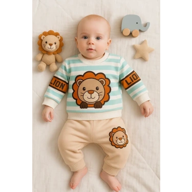 Aslan Desenli 2li % 100 Pamuk Erkek Bebek Takımı