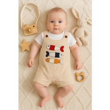 Balık Nakışlı Kısa Kollu Erkek Bebek Tulumu