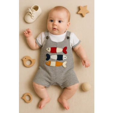 Balık Nakışlı Kısa Kollu Erkek Bebek Tulumu
