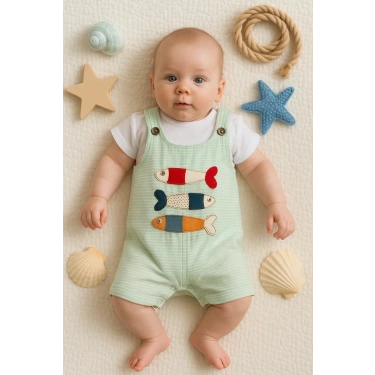 Balık Nakışlı Kısa Kollu Erkek Bebek Tulumu