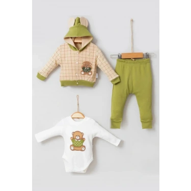 Bear Çizgili % 100 Pamuk Hırkalı 3lü Bebek Takımı