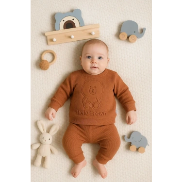 Bear Gofre Kabartmalı 2li Erkek Bebek Takımı