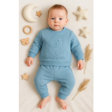 Bear Gofre Kabartmalı 2li Erkek Bebek Takımı