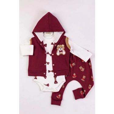 Bear Nakışlı Yelekli 3lü Erkek Bebek Takımı