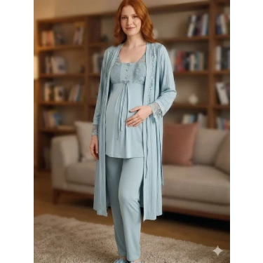 Bone 6205 Kadın 3lü Jakarlı Sabahlıklı Lohusa Pijama Takımı