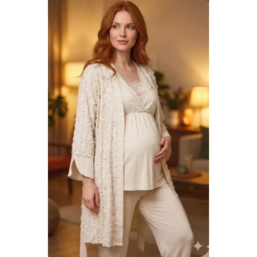 Bone 6209 Kadın 3lü Dokuma Sabahlıklı Lohusa Pijama Takımı