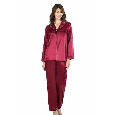Bordo İkili Saten Gecelik Pijama Takımı 7647