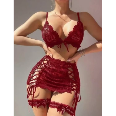 Bordo Transparan Dantel İşlemeli İp Detaylı Fantezi Takım