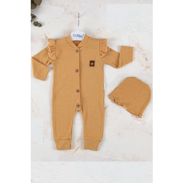 Boydan Düğmeli Şapkalı % 100 Pamuk Kız Bebek Tulumu