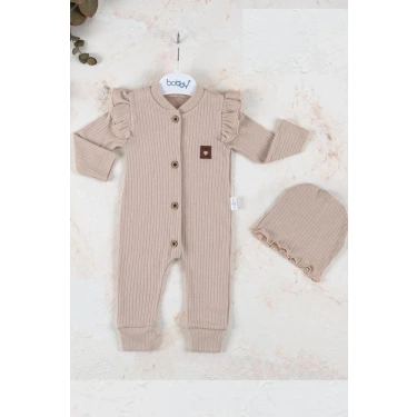 Boydan Düğmeli Şapkalı % 100 Pamuk Kız Bebek Tulumu