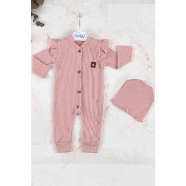 Boydan Düğmeli Şapkalı % 100 Pamuk Kız Bebek Tulumu