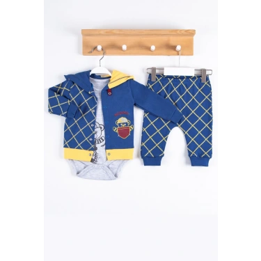 Cep Desenli Kapişonlu % 100 Pamuk Hırkalı 3lü Erkek Takım