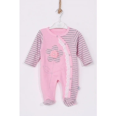 Çiçek Nakışlı % 100 Pamuk Ayaklı Kız Bebek Tulumu