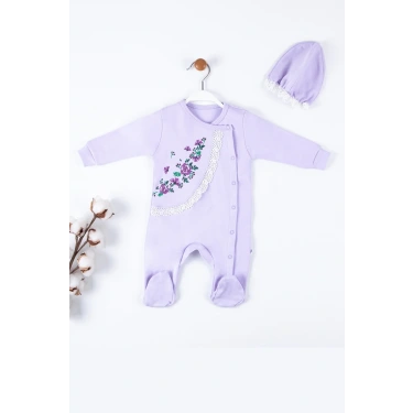 Çiçek Nakışlı Şapkalı % 100 Pamuk Kız Bebek Tulumu