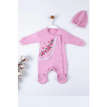 Çiçek Nakışlı Şapkalı % 100 Pamuk Kız Bebek Tulumu