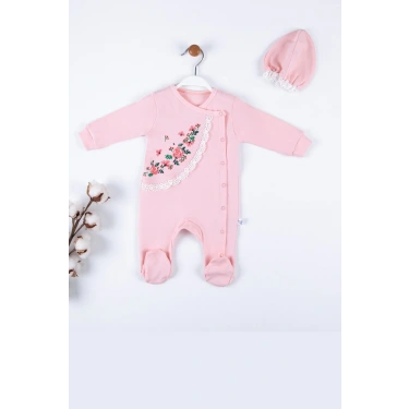 Çiçek Nakışlı Şapkalı % 100 Pamuk Kız Bebek Tulumu