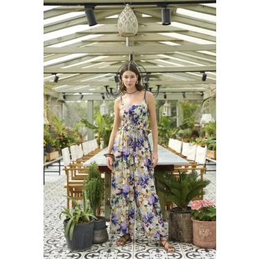 Çiçek Ve Yaprak Desenli İp Askılı Tulum