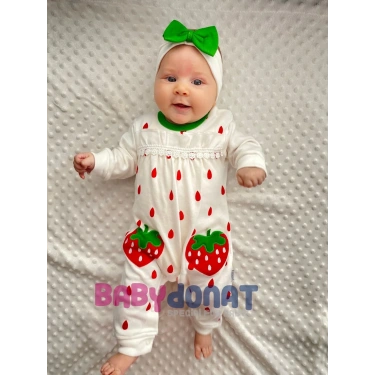 Çilek Nakışlı % 100 Pamuk Kız Bebek Tulumu