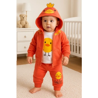 Civciv Desenli Kapişonlu 3lü Erkek Bebek Takımı