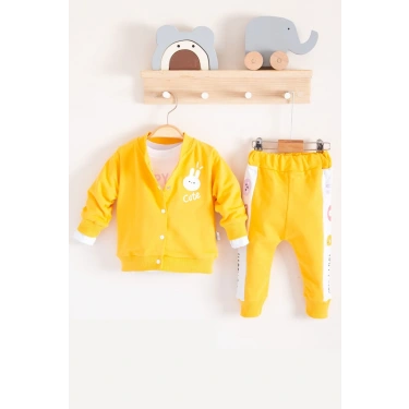 Cute Funny Desenli Kapişonlu Pamuklu 3lü Kız Bebek Takımı