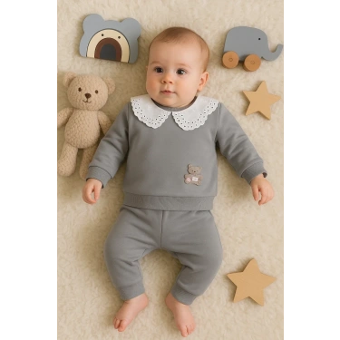 Dantel Yakalı Pamuklu 2li Kız Bebek Takımı