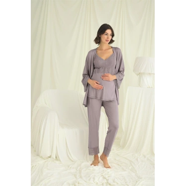 Dantelli Hamile Lohusa 3lü Pijama Takımı