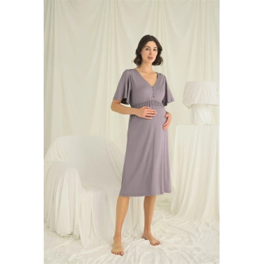 Dantelli Önden Düğmeli Hamile Lohusa Gecelik